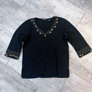 Reference Point Black Embellished Top Gold Safety Pin Detail V Neck L